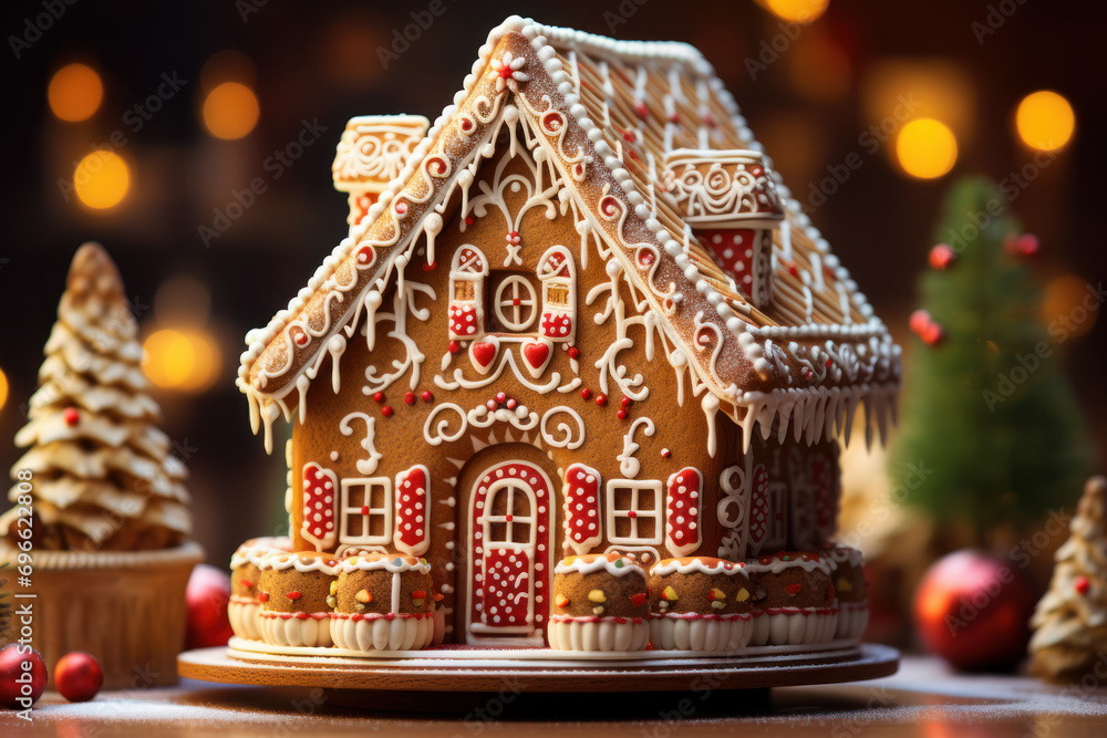 An intricate gingerbread house, a labor of love adorned with sweet decorations, capturing the whimsy and creativity of holiday baking. Generative Ai. An intricate gingerbread house, a labor of love adorned with sweet decorations, capturing the whimsy and creativity of holiday baking. Generative Ai.