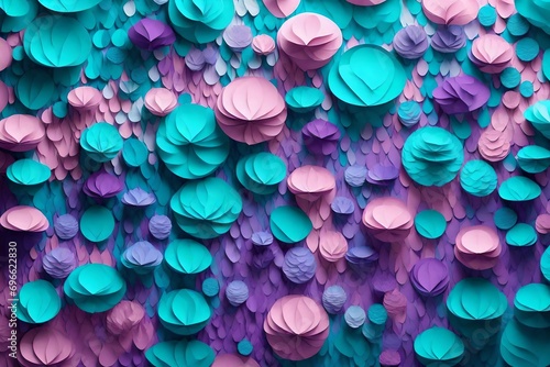 Very colorful beautiful textured 3D background from many layers of colored paper. Cheerful pastel colors of turquoise blue and purple. AI generated. photo