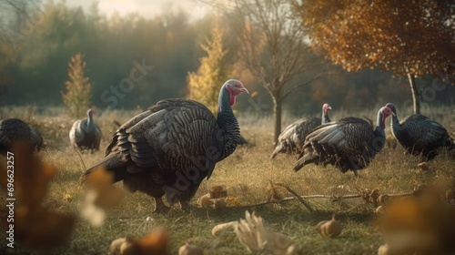 Large flock of turkeys in wild forest in close view