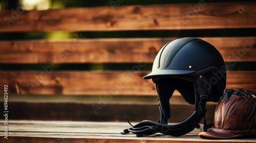leather helmet for equestrian sports on the background of a stable, arena, hippodrome, horse, farm, clothing, accessory, jockey, rider, handmade, village, countryside photo