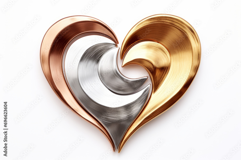 Heart symbol made from bronze, silver and gold isolated on a white background