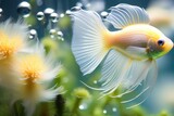 Peixe ornamental em um aquário com bolhas e plantas aquáticas, ilustração gerada com IA.