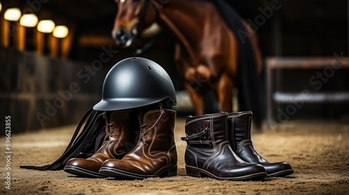 leather boots for equestrian sports on the background of a stable, arena, hippodrome, horse, farm, clothing, accessory, jockey, rider, handmade, village, countryside, helmet photo