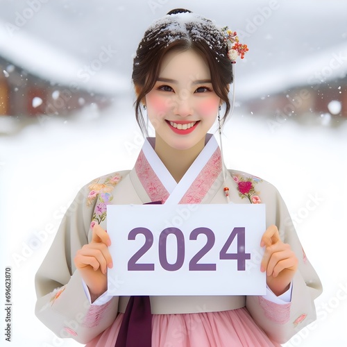 Wallpaper Mural A photo of a young woman wearing a hanbok and smiling while holding a sign that reads "2024" against a snowy backdrop. Torontodigital.ca