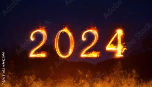 Happy new year 2024 written with fire. Generative AI illustration