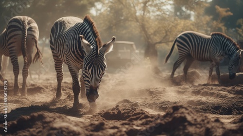 A collection of photos of zebras in the wild forest seen up close