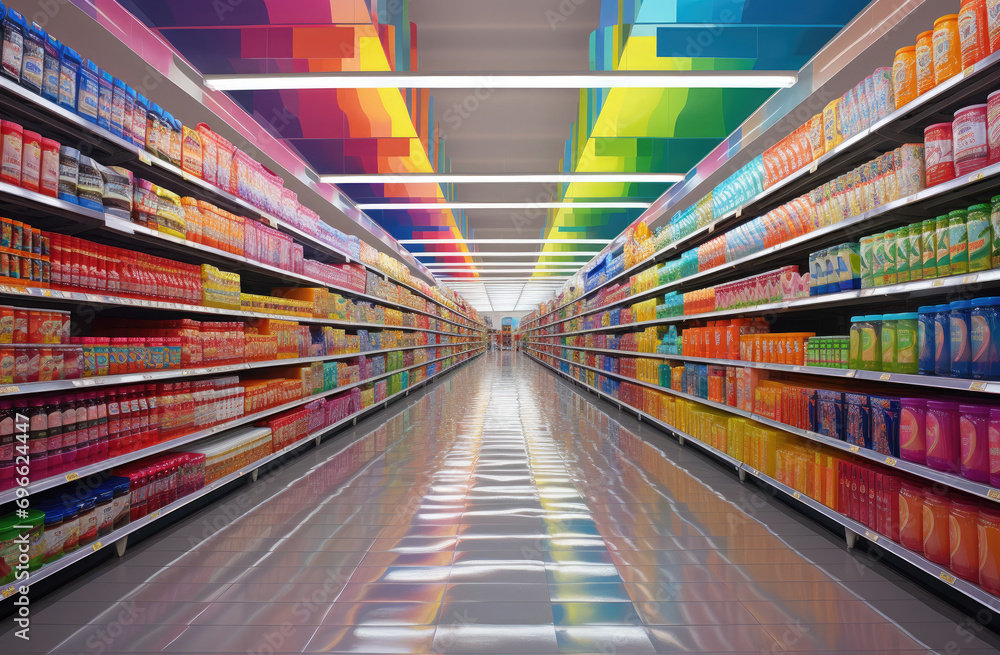 colorful supermarket store aisle with shelves,  rainbow color design for display background