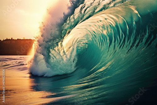 big wave cresting with wave barrel in ocean beach, for presentation wallpaper background display  photo