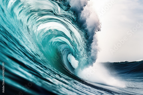 big wave cresting with wave barrel in ocean beach, for presentation wallpaper background display  photo