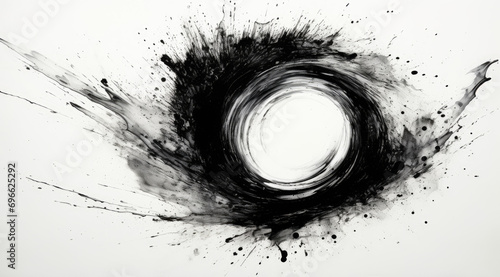 Abstract black ink paint spatter splotch splat splatter circle spiral on white background for wallpaper display   photo