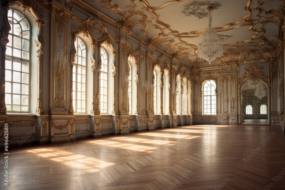 an empty glamorous rococo baroque ballroom
