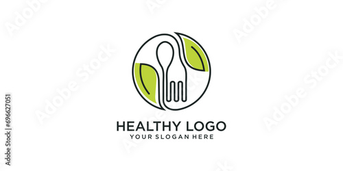 Healthy food logo. concept logo, with spoon, fork and leaf symbols in a circle. healthy food product design templates, food consultant logos and others
