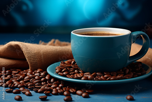 Chicara de café azul e grãos de café na mesa - Papel de parede macro