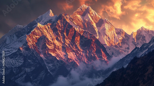 A mountain range at dusk, snow-capped peaks aglow with the last rays of sunlight, a chilly but stunning scene.