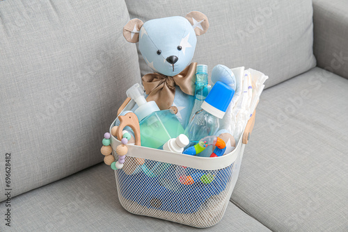 Gift basket for baby on sof...