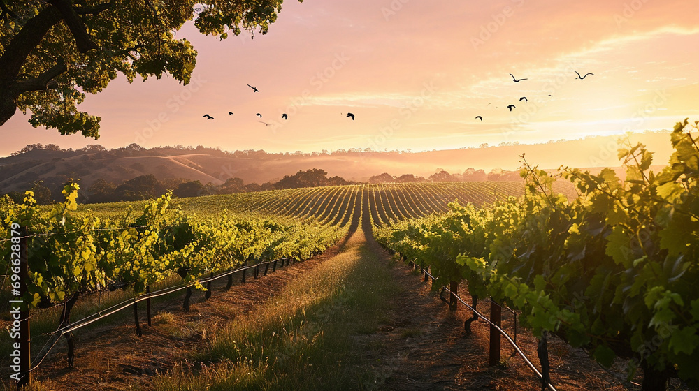 A picturesque vineyard at sunrise, with rows of grapevines stretching into the distance, the early morning light painting the landscape in warm tones