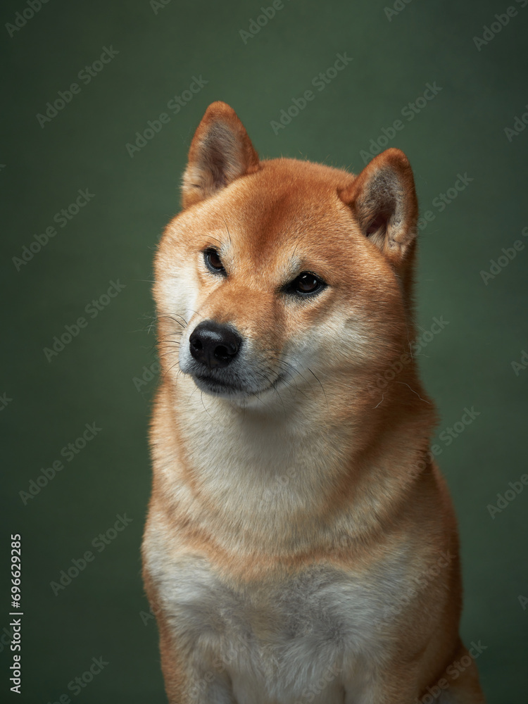 red dog on a green background. Beautiful Shiba Inu in the studio