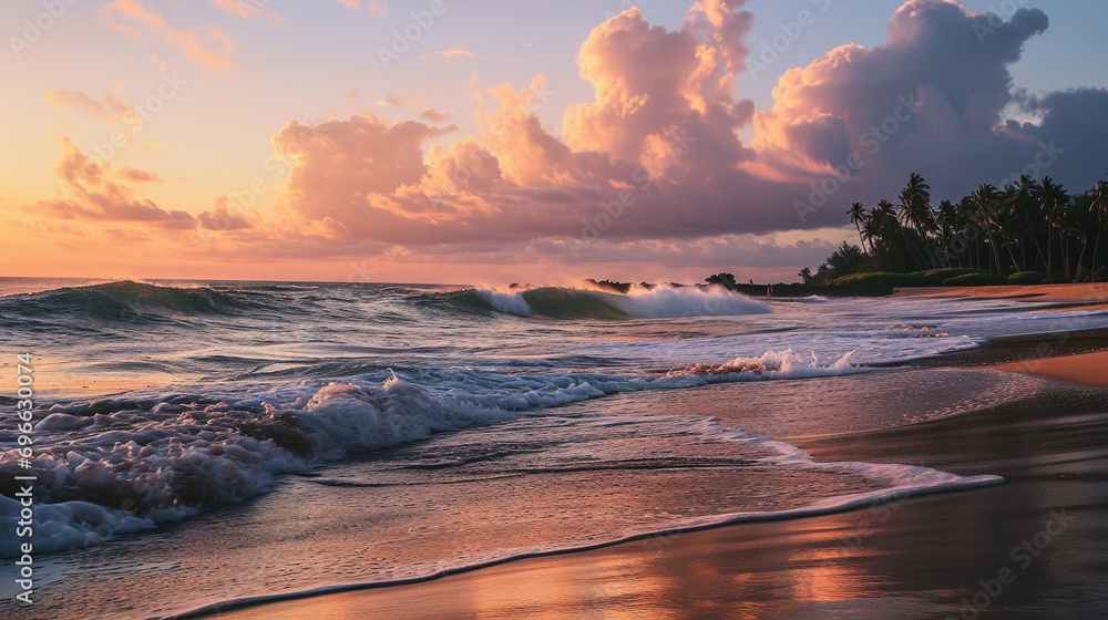 A serene beach scene at sunrise, with gentle waves rolling onto golden sands