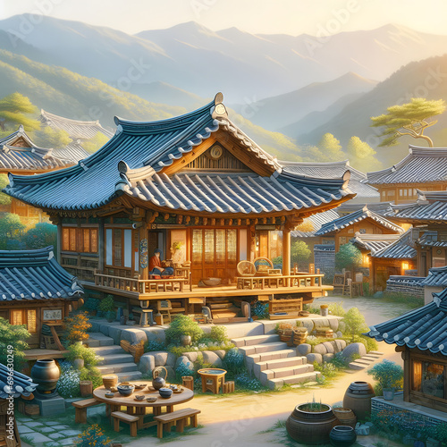 The traditional Korean house, the tile-roofed house, the village surrounding the tile-roofed house, the old-fashioned spirit. Generative AI photo