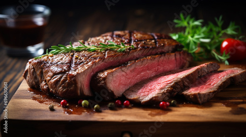sliced beef steak on wooden board photo