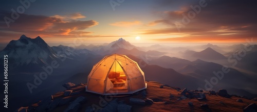 The dome tent is illuminated by the warm light of the rising sun as the golden cloudscape reveals dramatic mountain peaks from a panoramic landscape with blue, purple and orange skies © gufron
