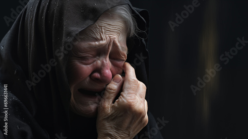 An elderly woman in a black hood crying in solemn darkness. Funeral, grief or mourning concept