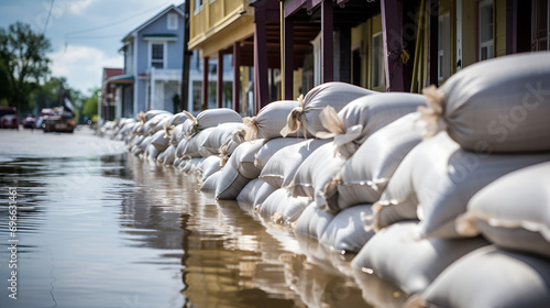 lose shot of flood Protection Sandbags with flooded homes in the background photo