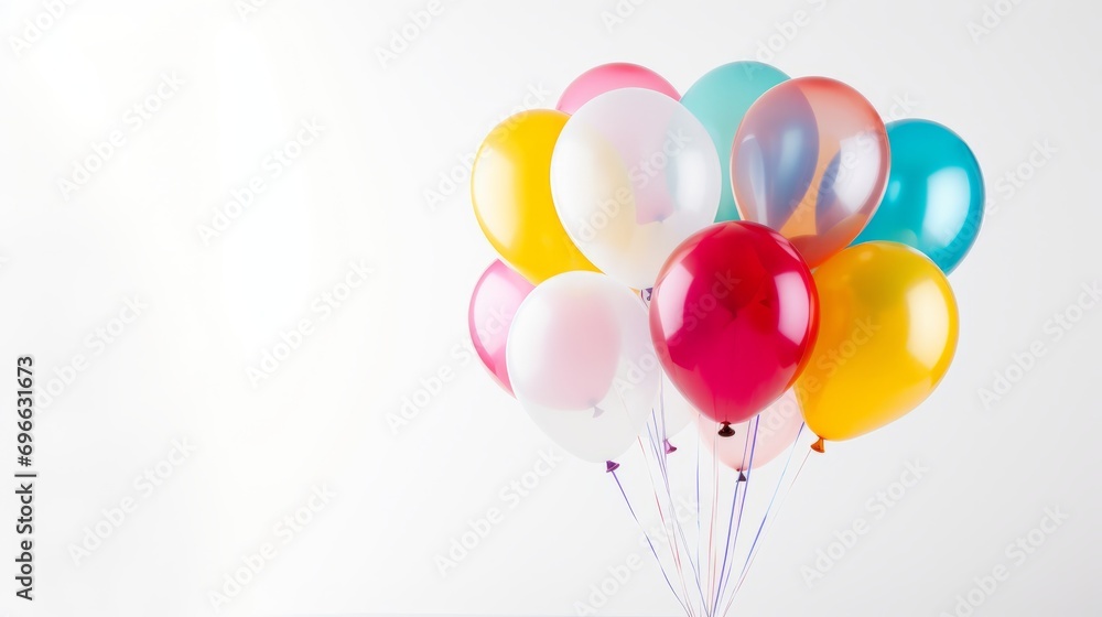colorful balloons and confetti for a holiday celebration like birthday anniversary. wallpaper background for ads or gifts wrap and web design. white blank wall. Generative AI