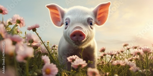a cute baby pig that is in a field of flowers, generative AI photo