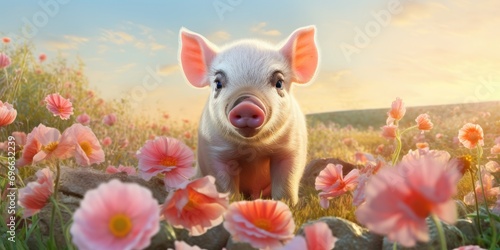 a cute baby pig that is in a field of flowers, generative AI