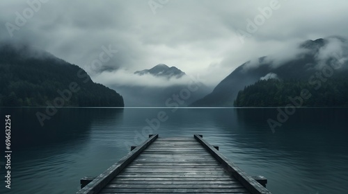 Misty Lake Pier Leading into the Mountains. Generative ai