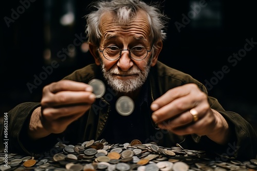 An elderly man holds out money, pennies. Senior man