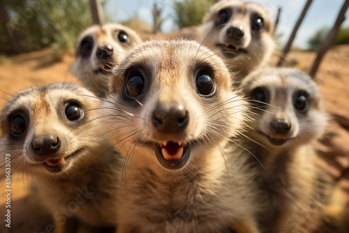 Grupo de suricatos reunidos na savana - Papel de parede  photo