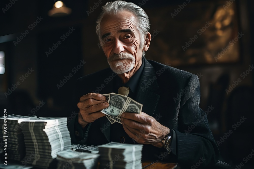 An elderly man holds out money, pennies. Senior man - obrazy, fototapety, plakaty 