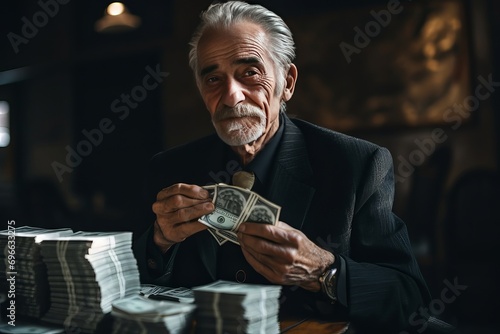 An elderly man holds out money, pennies. Senior man photo