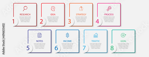 simple infographic design with 8 parts or steps, interconnected square shapes with thin colored lines, for flow diagrams, banners or your business presentation