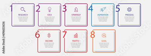 simple infographic design with 8 parts or steps, interconnected square shapes with thin colored lines, for flow diagrams, banners or your business presentation