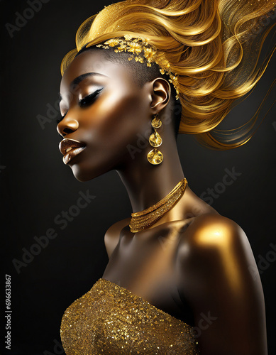 African young woman in gold hair on dark background