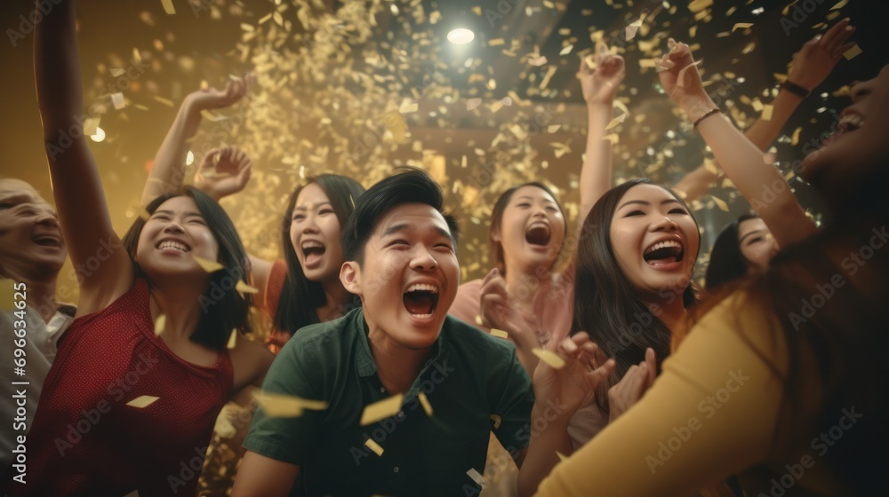 Ecstatic group of young people celebrating at party with confetti. Joy and celebration. Ecstatic group of young people celebrating at party with confetti. Joy and celebration.