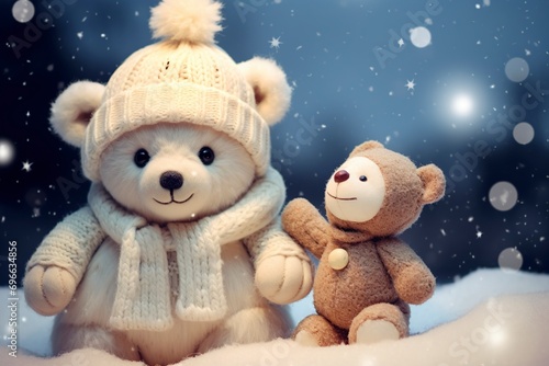 Very cute little snowman and teddy bear close up, christmas, snow, moon stars, garland, tree with generative ai