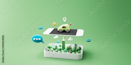 green city in smartphone background 3d illustration.