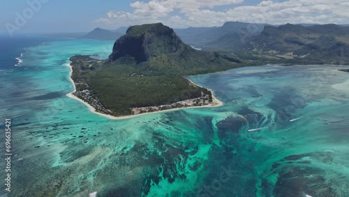Epic View Of Mauritius Island And Underwater Waterfall, Aerial View photo