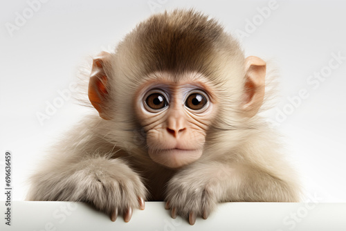 Macaco branco e fofo se segurando em uma bancada branca isolado no fundo branco - Papel de parede  © vitor