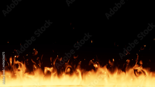 3D illustration. Burning embers glowing. Fire Glowing Particles on Black Background