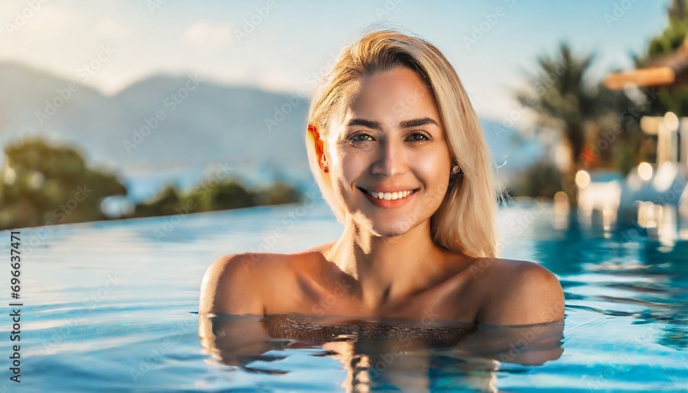Luxury swimming pool spa resort travel honeymoon destination woman relaxing in infinity pool at hotel nature background summer holiday.	
