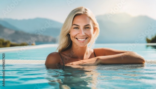  Luxury swimming pool spa resort travel honeymoon destination woman relaxing in infinity pool at hotel nature background summer holiday.  photo