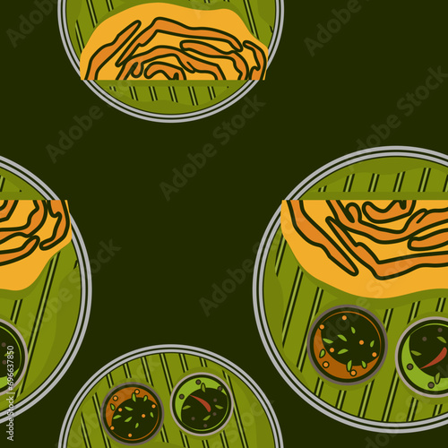 Editable Dark Background Top View Indian Masala Dosa With Chutney and Sambar on Banana Leaf and Plate Vector Illustration Seamless Pattern for Cuisine Design With South Asian Culture and Tradition