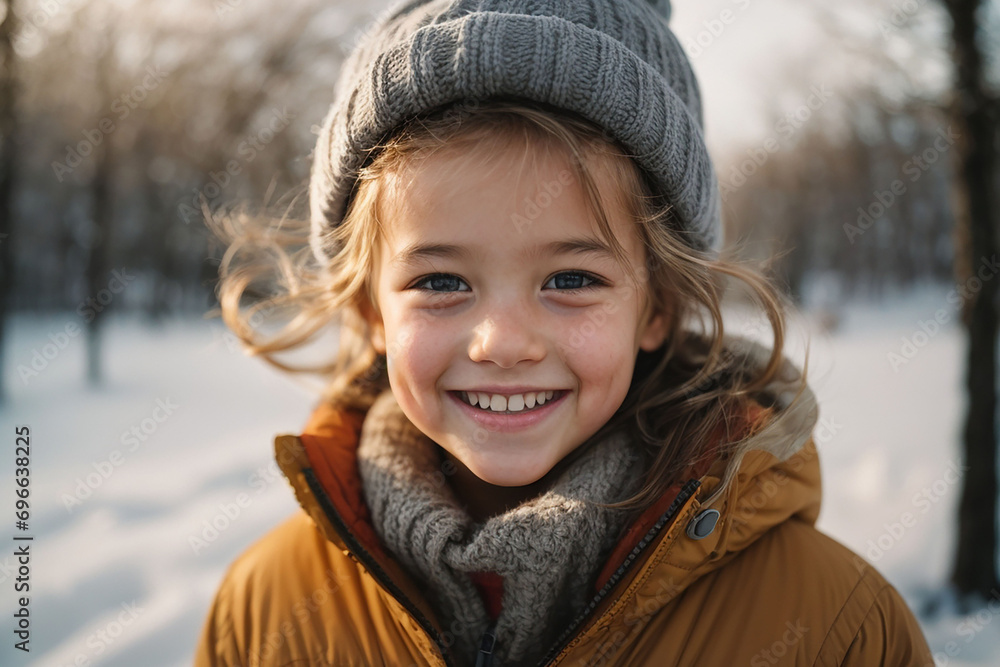 Portrait of a joyful child smiling at the camera on a winter day close-up Portrait of a joyful child smiling at the camera on a winter day close-up