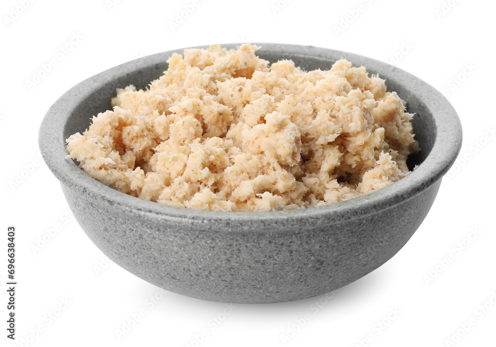 Bowl of tasty prepared horseradish isolated on white Bowl of tasty prepared horseradish isolated on white