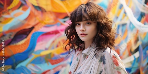 a woman is standing under a colorful street mural, generative AI